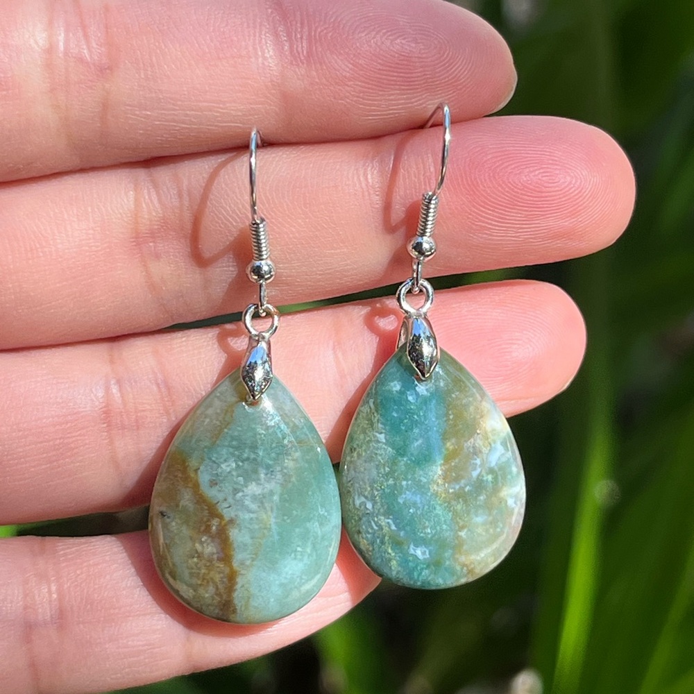 Stainless steel‎ green moss agate drop earrings